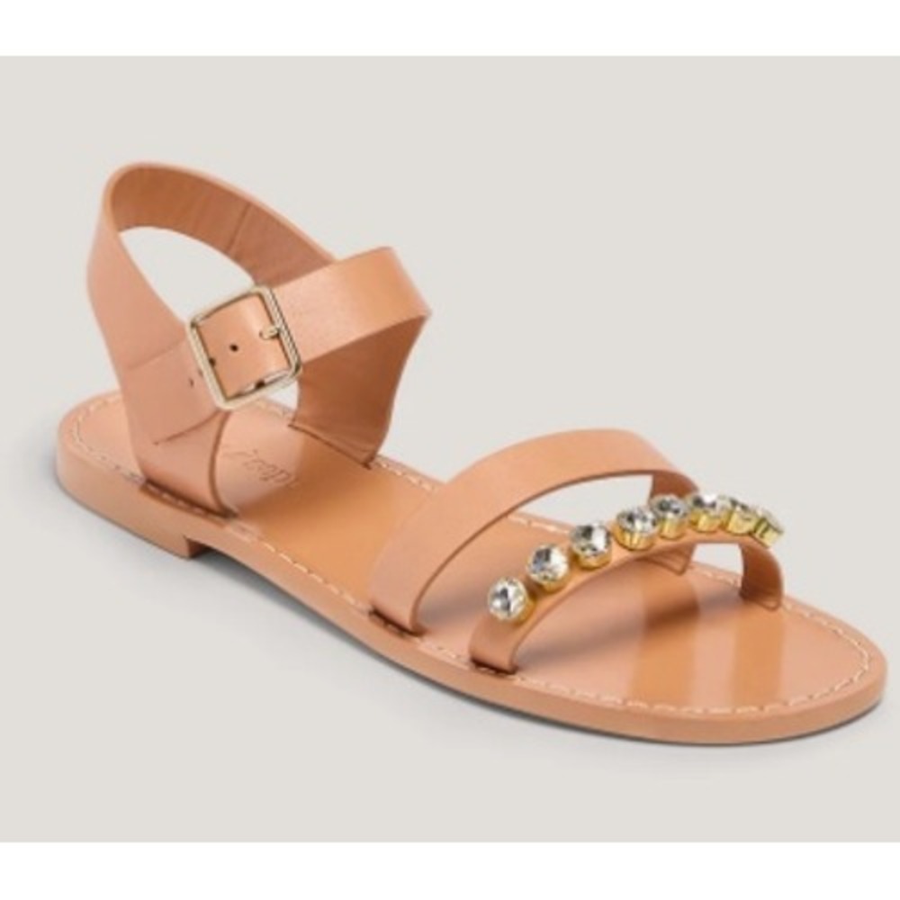 Cinq a Sept Victoria Ankle Strap Sandal Tawny Leather Crystal Embellished 39.5